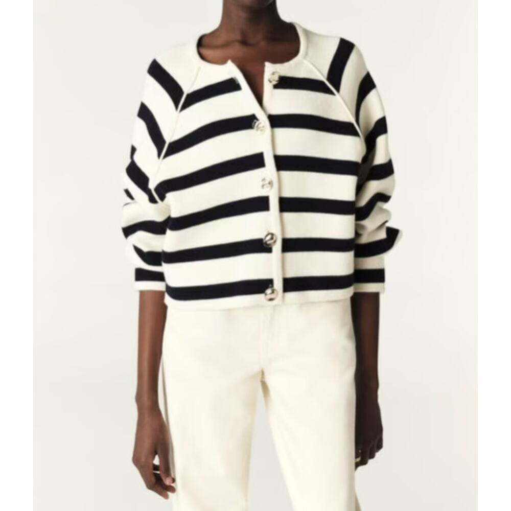 ba&sh Black and White Striped Knit Cardigan